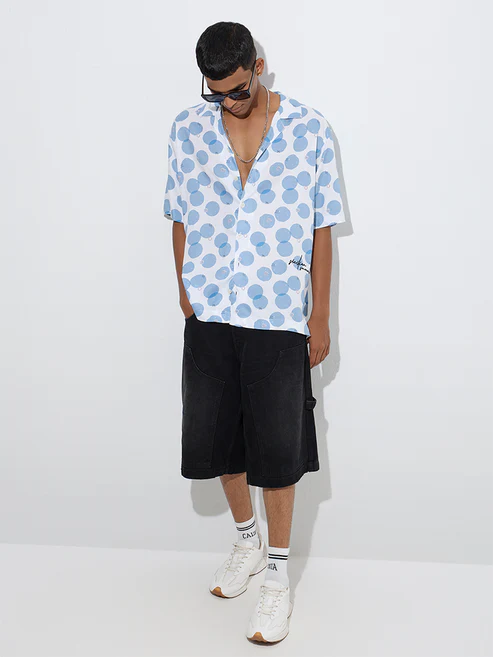 Blue Geometric Printed Relaxed-Fit Shirt - Image 3