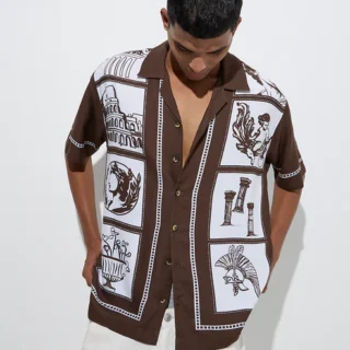 Dark Brown Printed Relaxed-Fit Shirt