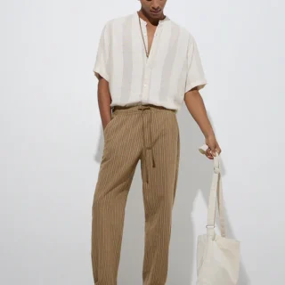 Mustard Striped Relaxed-Fit Mid-Rise Cotton Chinos