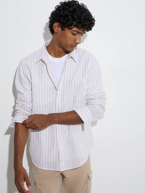 Casuals White Striped Relaxed-Fit Cotton Shirt