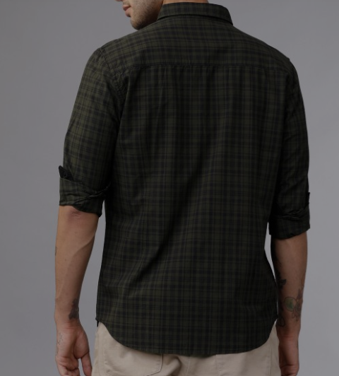 Men Olive Green & Black Slim Fit Checked Casual Shirt - Image 3