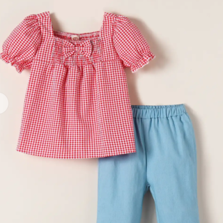 2-Pc Gingham Blouse & Jeans