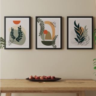 Beige & White 3-Pieces Botanical Boho Printed Framed Wall Art