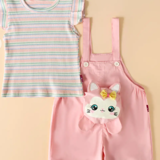 2-Piece Cat Applique Dungaree and T-shirt
