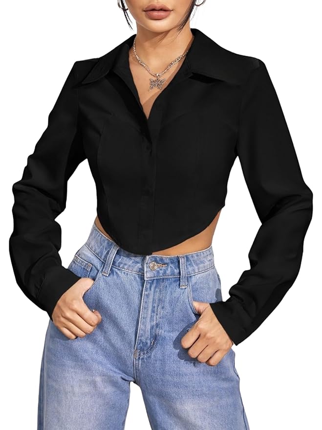 Shirt for Women | Printed Casual Crop Top | Long Sleeve Stylish Collared |Korean Oversized Button-Down |Causal |Formal | Trendy