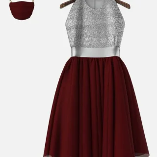 Sleeveless Contrast Flared Glitter Finish Yoke Dress with Mask - Maroon