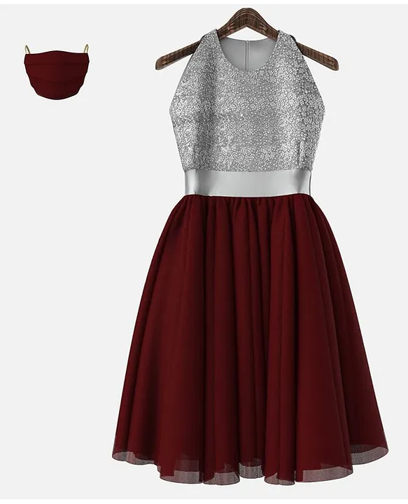 Sleeveless Contrast Flared Glitter Finish Yoke Dress with Mask - Maroon