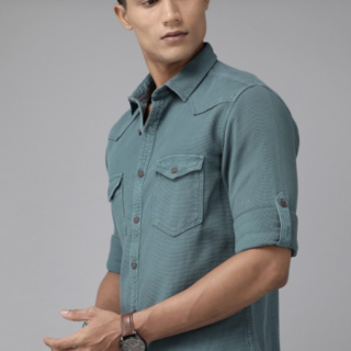 Men Teal Blue Regular Fit Self Design Pure Cotton Casual Shirt