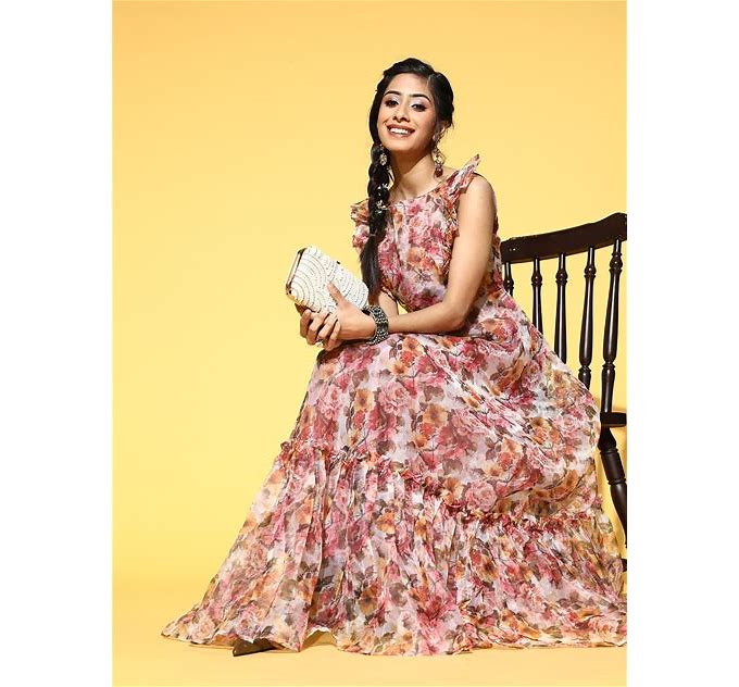 Women Multi Coloured Floral Printed Organza Maxi Dress