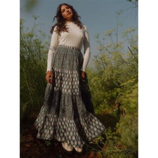 Women Blue And White Printed Cotton Tiered Long Skirt