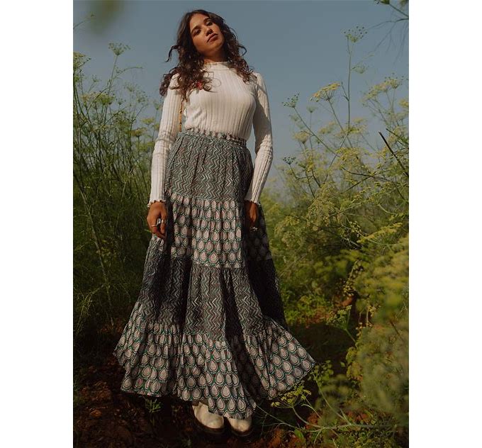 Women Blue And White Printed Cotton Tiered Long Skirt