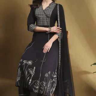 Black Cotton Printed Festive A-Line Suit Set