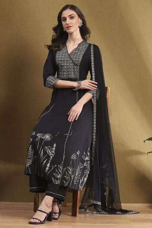 Black Cotton Printed Festive A-Line Suit Set