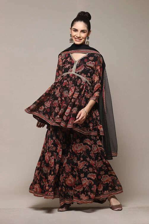 Black Floral Printed Flared Kurti Suit Set - Image 2