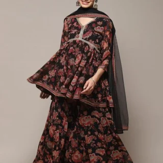 Black Floral Printed Flared Kurti Suit Set