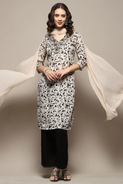 Beige and Black Printed Straight Suit Set - Image 2