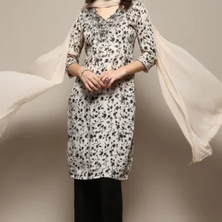 Beige and Black Printed Straight Suit Set
