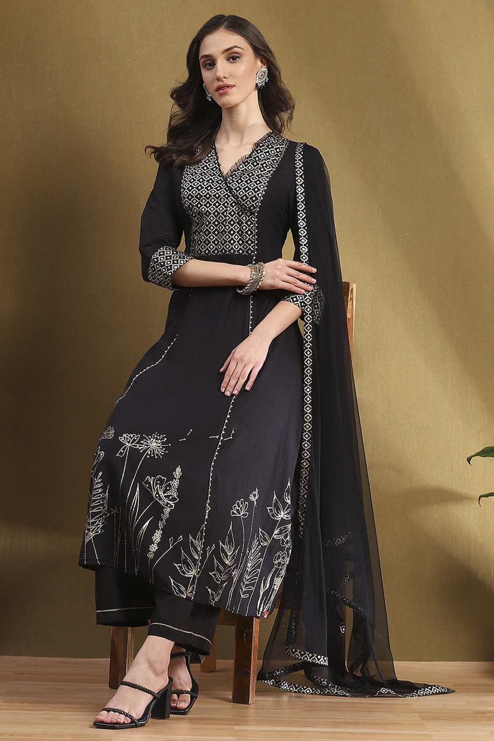 Black Cotton Printed Festive A-Line Suit Set